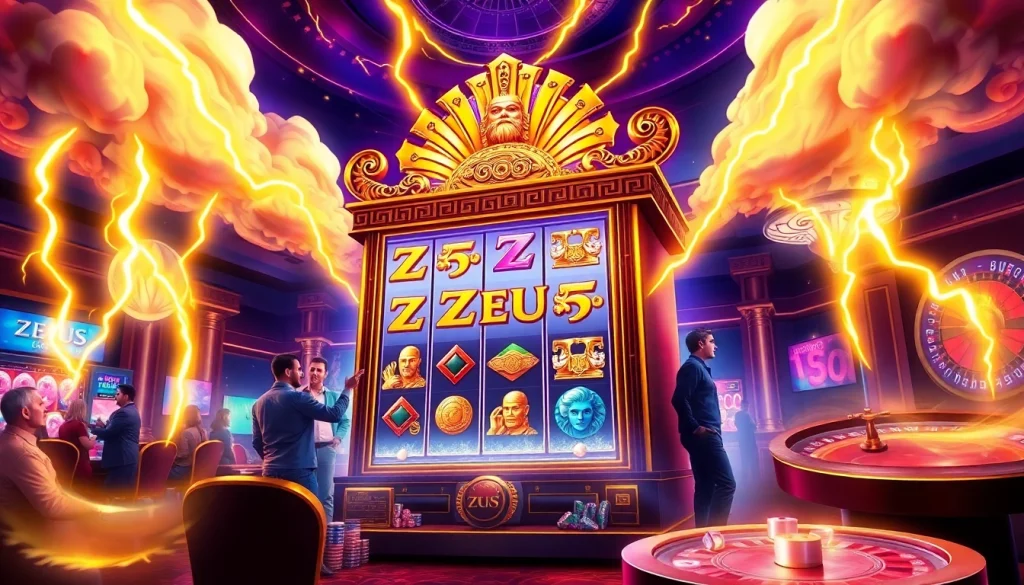 Spin the slot zeus machine amidst a luxurious casino, capturing excitement and fortune.