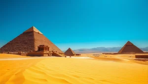Pyramids standing tall in the desert, showcasing intricate stonework and ancient architecture.