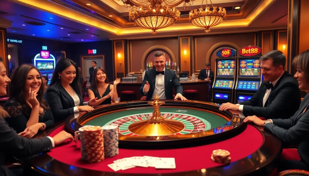Experience excitement at Bet88 casino, showcasing roulette, poker chips, and players celebrating wins.
