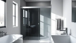 Stylish black shower sliding door in a modern bathroom showcasing elegance and functionality.