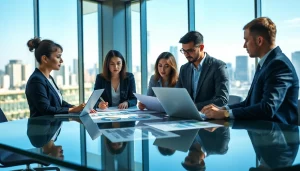 Engaging business growth insights discussions among professionals in a modern office setting.