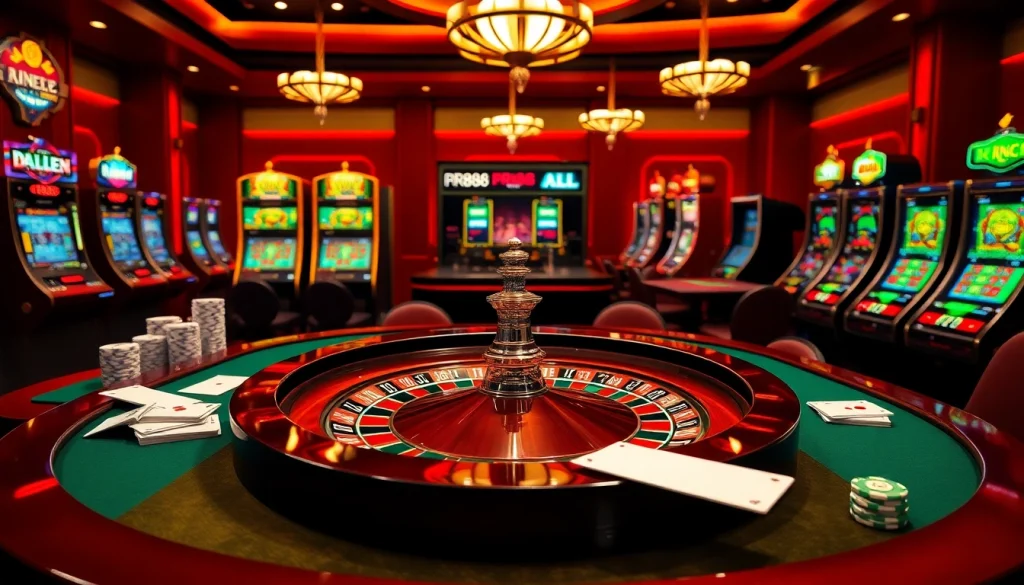 Engaging scene at RR88 casino featuring a high-stakes roulette table with vibrant chips and slot machines.