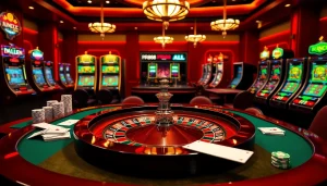 Engaging scene at RR88 casino featuring a high-stakes roulette table with vibrant chips and slot machines.