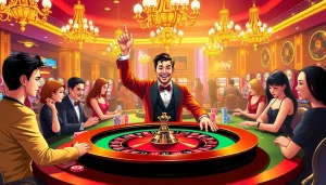 Seorang penjudi merayakan kemenangan Datuk yang besar di meja roulette mewah di kasino yang penuh warna.