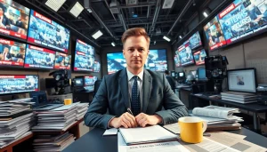 Journalist working in a lively newsroom at https://www.thedailynewsonline.com, highlighting the dynamic nature of news reporting.