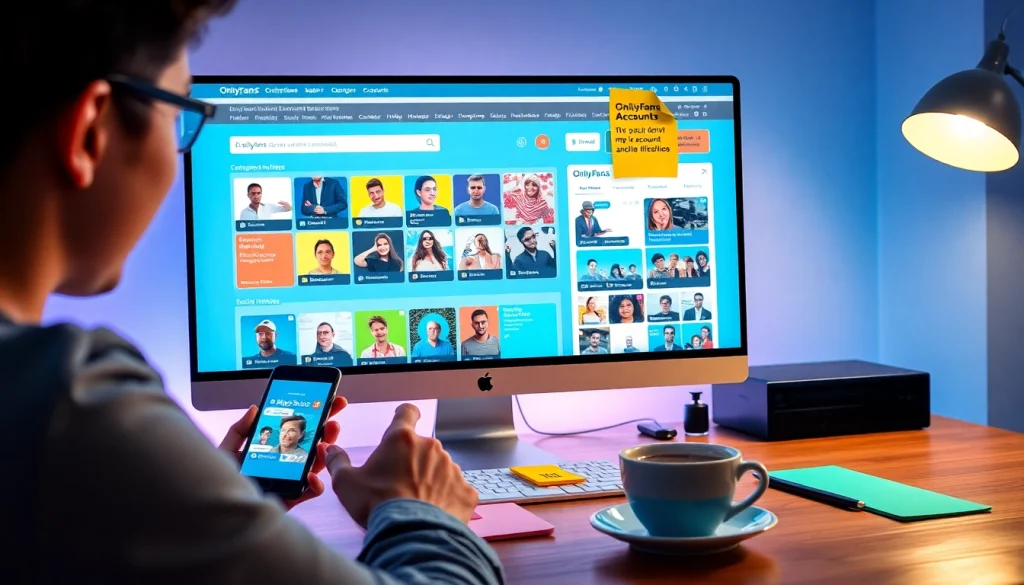 Find OnlyFans accounts through a vibrant digital workspace interface showcasing user interactions and profiles.