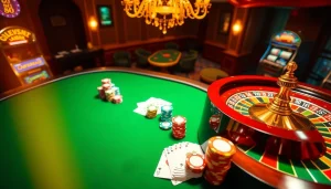 Experience the excitement of a roulette wheel and casino at https://www.bdjl.org/, highlighting vibrant poker chips and cards.