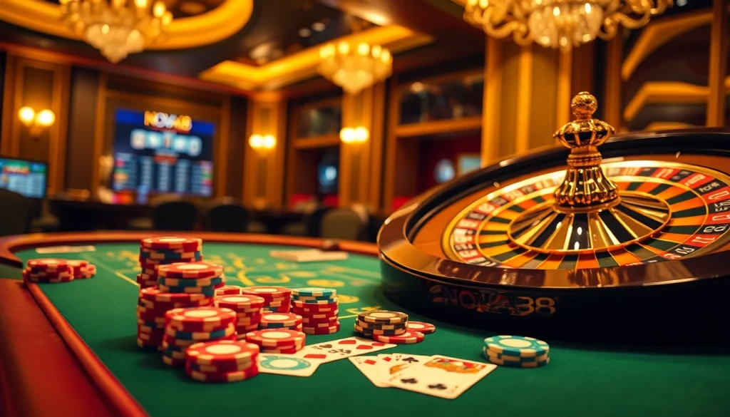Experience the excitement at trang chủ nova88 with vibrant poker chips and a sparkling roulette wheel.