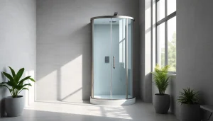 Duschkabine 90x90 in einem modernen Badezimmer mit eleganten Glasdetails und minimalistischen Akzenten.