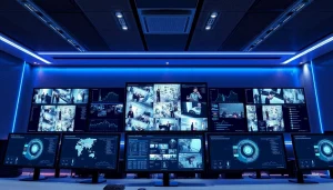 Visualize advanced video analytics for cctv in a high-tech monitoring room with data overlays.