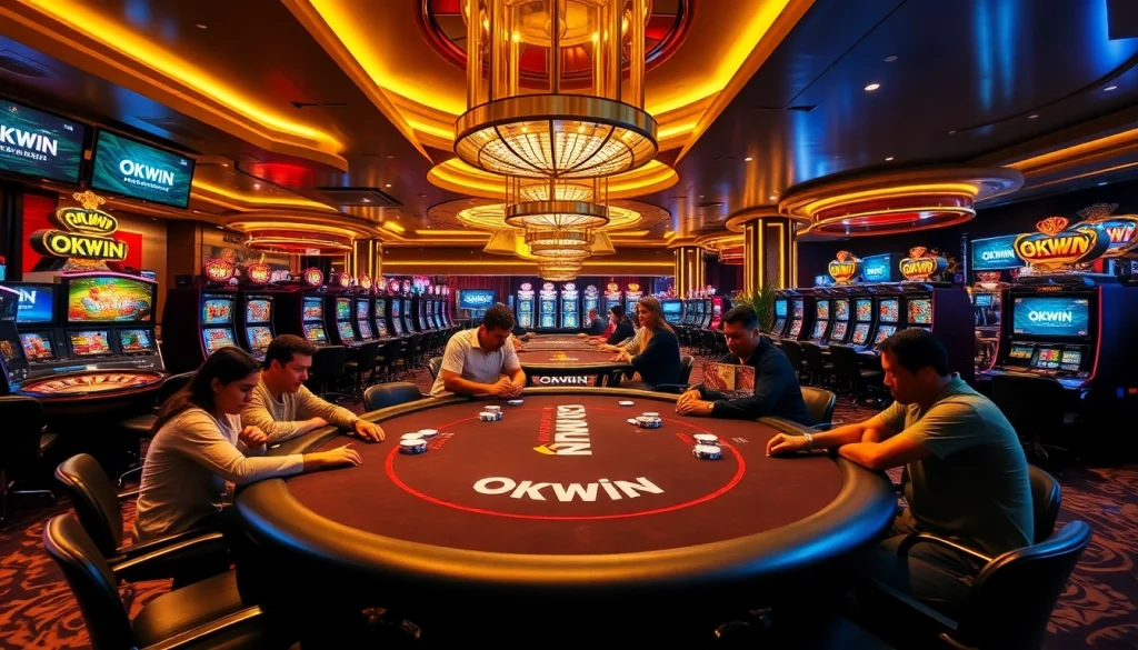 Experience thrilling high-stakes poker at an OKWIN casino with vibrant lighting and modern design.