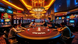 Experience thrilling high-stakes poker at an OKWIN casino with vibrant lighting and modern design.