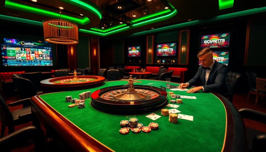 Players engaging at a GG88 gaming table with vibrant casino elements.