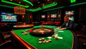 Players engaging at a GG88 gaming table with vibrant casino elements.