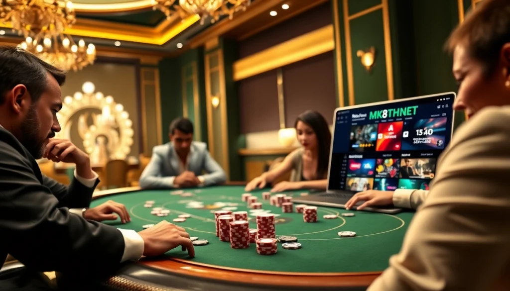 Engage in high-stakes poker at mk8th.net with an elegant casino backdrop.