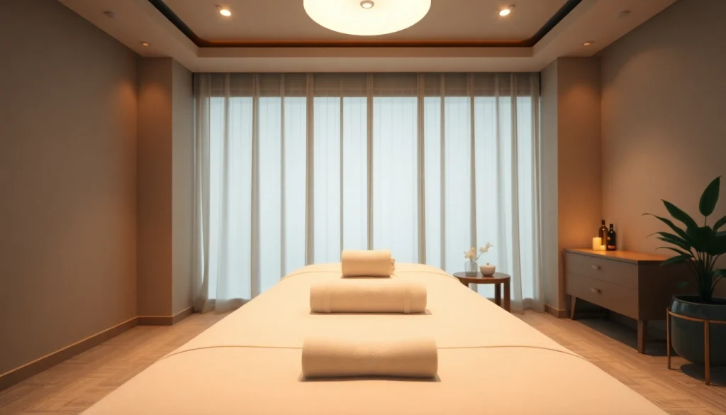 Serene massage therapy room for 출장안마 service, featuring calming decor and soft lighting.