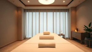 Serene massage therapy room for 출장안마 service, featuring calming decor and soft lighting.