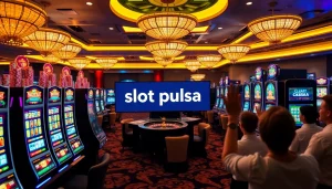 Petaruh menikmati sensasi permainan slot pulsa dengan lampu cerah dan suasana kasino yang menarik.
