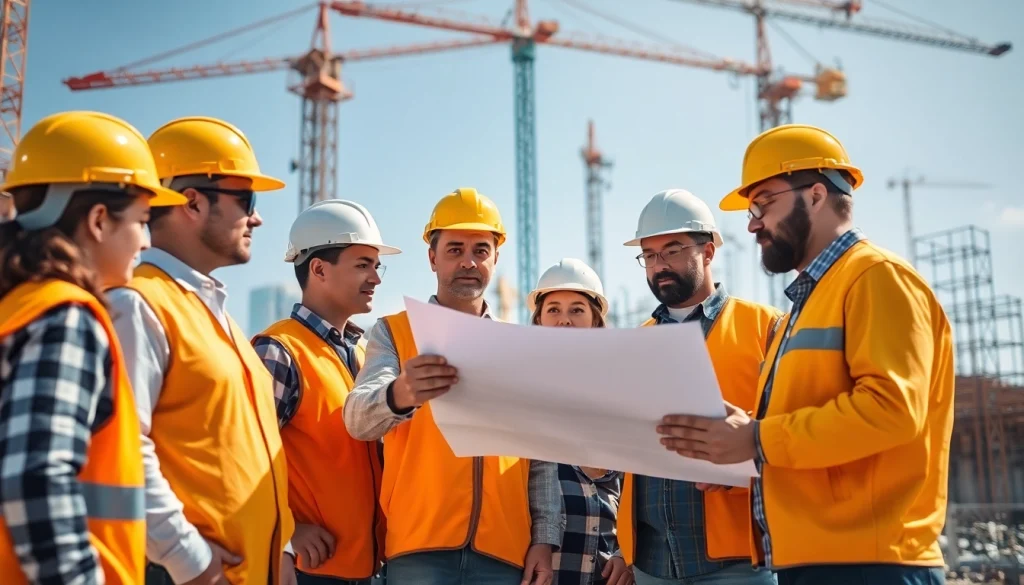 Construction association Wyoming members collaborating on-site with blueprints.