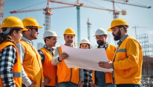 Construction association Wyoming members collaborating on-site with blueprints.