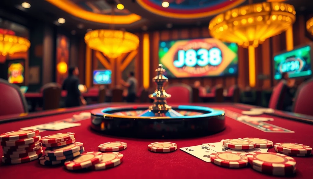 Engage in an exciting BJ38 casino scene featuring blackjack cards and vibrant poker chips.