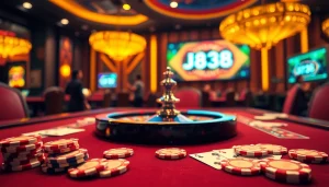Engage in an exciting BJ38 casino scene featuring blackjack cards and vibrant poker chips.
