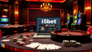 Experience the thrill of nhà cái i5bet with vibrant casino visuals showcasing poker and roulette.