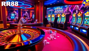 Experience the thrilling atmosphere of RR88 with luxurious gaming elements and vibrant casino visuals.