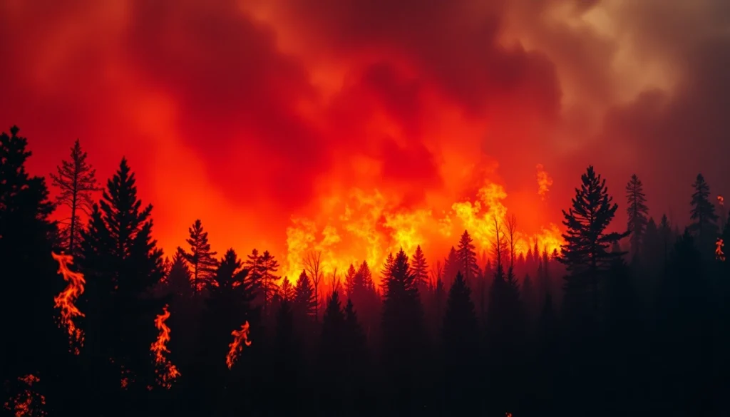 Capturing wildfire events, emergency teams combat a massive forest fire amid thick smoke.