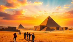 Visitors admiring the ancient piraminds, highlighting their beauty and grandeur in a stunning desert setting.