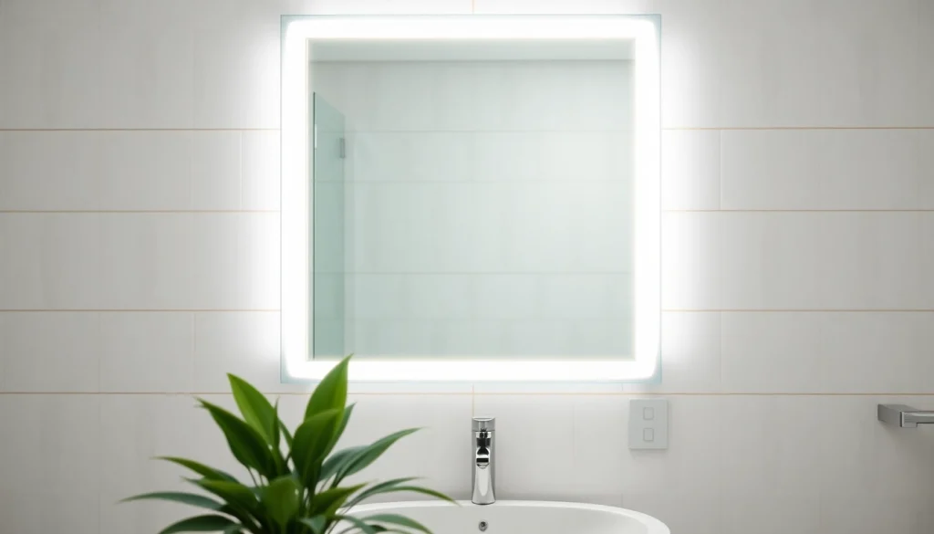 Stylish bathroom mirror with LED light enhancing a chic bathroom space.