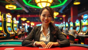 เล่นบาคาร่ากับดีลเลอร์หญิงในคาสิโนทันสมัยและไฟนีออนสดใส