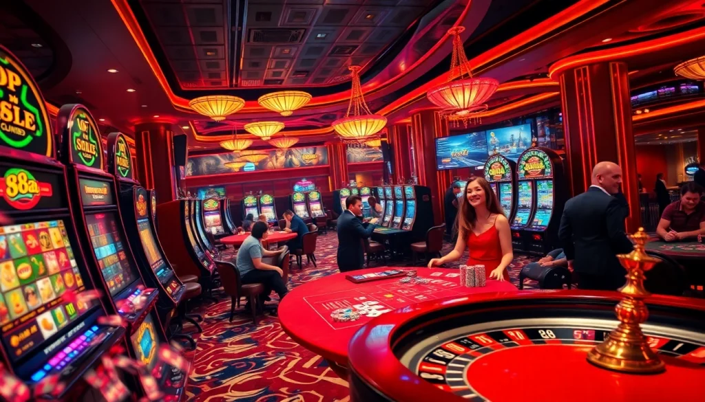 Engaging casino scene showcasing players at 88aa.com slot machines and tables.