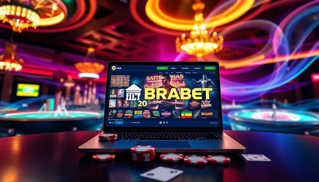 BRABET logo displayed on an interactive online gambling interface surrounded by vibrant poker chips and playing cards.