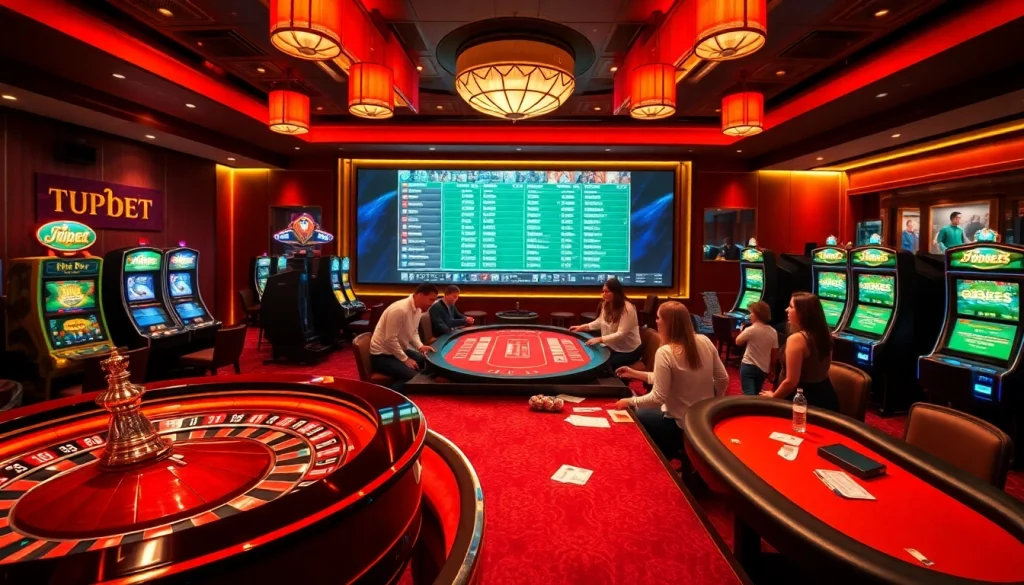 Betting enthusiasts engaging in a dynamic 7upbet sports betting experience at a luxurious casino.