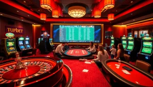 Betting enthusiasts engaging in a dynamic 7upbet sports betting experience at a luxurious casino.