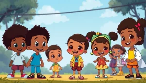 A lively depiction of African American cartoons featuring iconic characters like Huey and Riley Freeman from "The Boondocks" and Doc McStuffins.