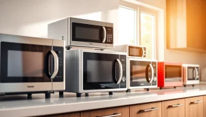 Showcase of microwave oven sales with a variety of models in a well-lit kitchen setting.