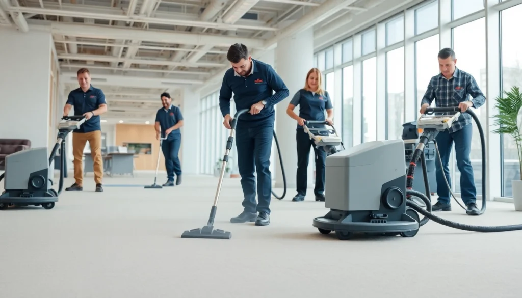 Team engaged in commercial carpet cleaning, ensuring a pristine workspace.
