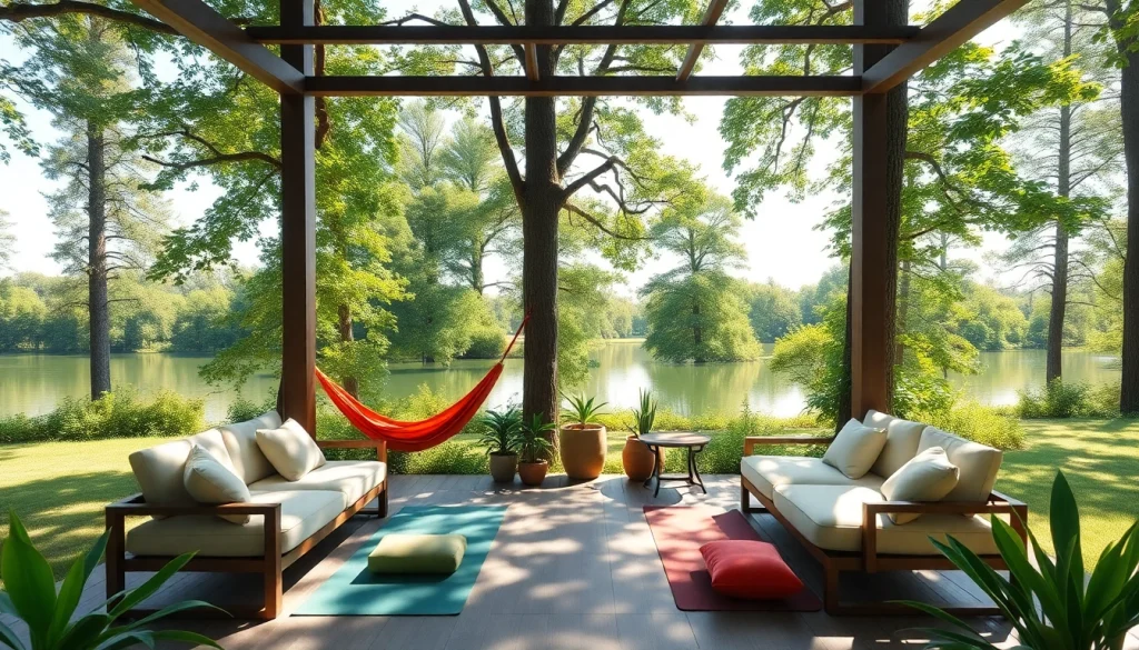 Relax at a wellness retreat with outdoor seating and a calm lake, inviting tranquility and rejuvenation.