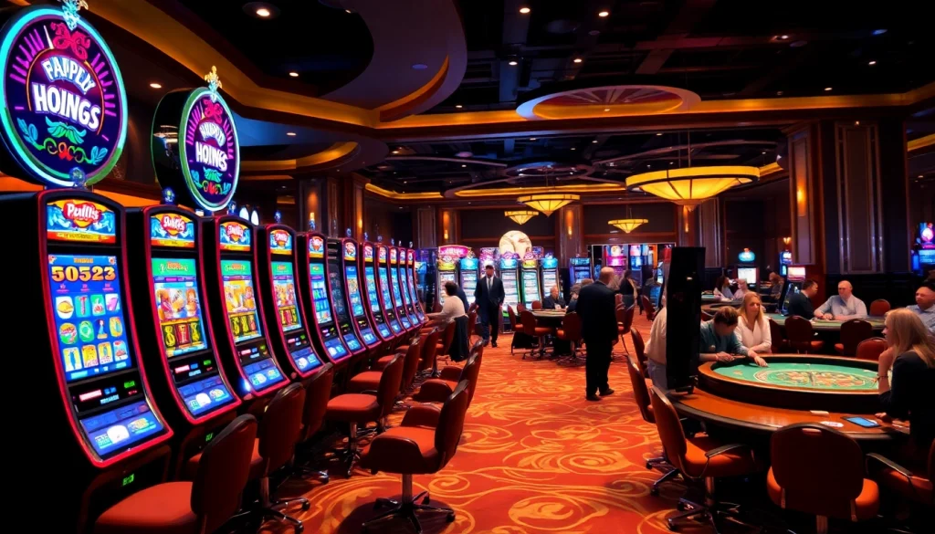 Slot machines lit up with vibrant colors in a luxurious casino environment, inviting players to win big.
