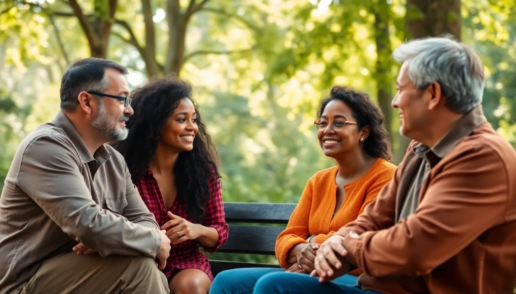 Mental health awareness depicted through diverse individuals sharing experiences in a tranquil park setting.