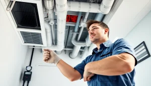 Expert technician performing HVAC cleaning for improved indoor air quality.