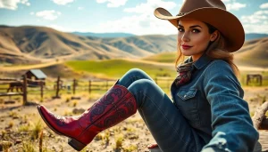 Showcasing stylish western wear Canada with cowboy boots against a picturesque ranch backdrop.