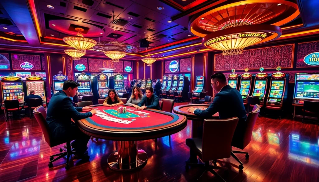 Experience the thrill of online gambling at https://mm88.br.com/ showcased in a vibrant casino scene with poker and roulette.