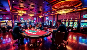 Experience the thrill of online gambling at https://mm88.br.com/ showcased in a vibrant casino scene with poker and roulette.