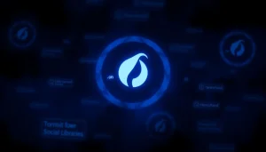 The hidden wiki 1 represented by a mysterious .onion logo illuminated in a dark web environment with abstract links and Tor browser elements.