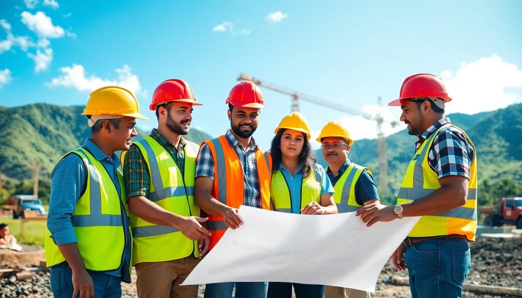 Team of professionals from the hawaii construction association collaborating on a project outdoors.