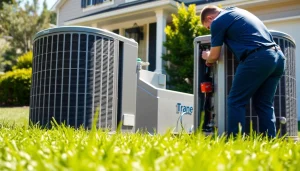 Technician installing a Trane HVAC unit, ensuring optimal home comfort.