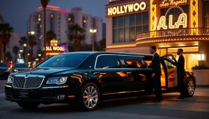Luxurious Los Angeles Limo experience with a black stretch limousine outside a Hollywood venue.